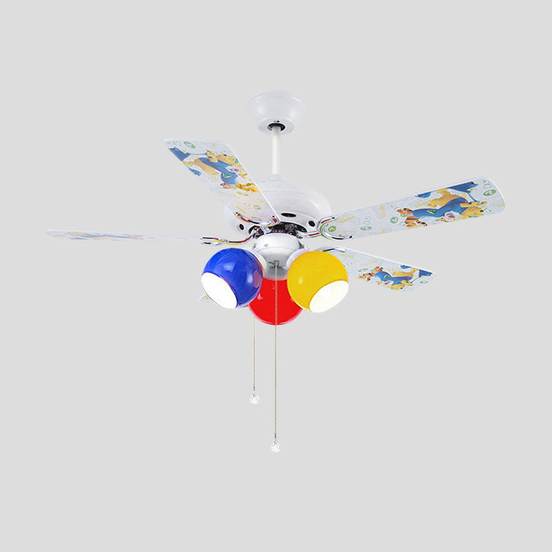 Globe Bedroom Pendant Fan Light Kids Pink/Yellow/Red Glass 42" Wide 3 Lights White Semi Flush Lamp with 5 Blades Clearhalo 'Ceiling Fans with Lights' 'Ceiling Fans' 'Kids Ceiling Fans' 'Kids' Lighting' 399286