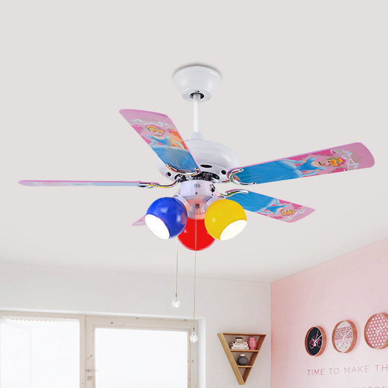 Globe Bedroom Pendant Fan Light Kids Pink/Yellow/Red Glass 42" Wide 3 Lights White Semi Flush Lamp with 5 Blades Pink Clearhalo 'Ceiling Fans with Lights' 'Ceiling Fans' 'Kids Ceiling Fans' 'Kids' Lighting' 399287