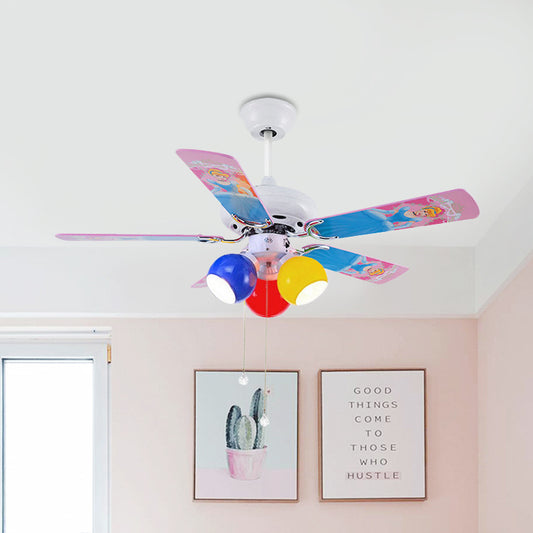 Globe Bedroom Pendant Fan Light Kids Pink/Yellow/Red Glass 42" Wide 3 Lights White Semi Flush Lamp with 5 Blades Clearhalo 'Ceiling Fans with Lights' 'Ceiling Fans' 'Kids Ceiling Fans' 'Kids' Lighting' 399288