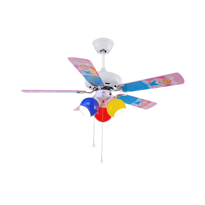 Globe Bedroom Pendant Fan Light Kids Pink/Yellow/Red Glass 42" Wide 3 Lights White Semi Flush Lamp with 5 Blades Clearhalo 'Ceiling Fans with Lights' 'Ceiling Fans' 'Kids Ceiling Fans' 'Kids' Lighting' 399289