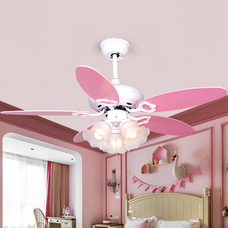 3-Bulb Semi Flush Light Kids Bedroom 5 Pink Blades Hanging Fan Lamp with Floral Opal Glass Shade, 42" W Pink Clearhalo 'Ceiling Fans with Lights' 'Ceiling Fans' 'Kids Ceiling Fans' 'Kids' Lighting' 399291
