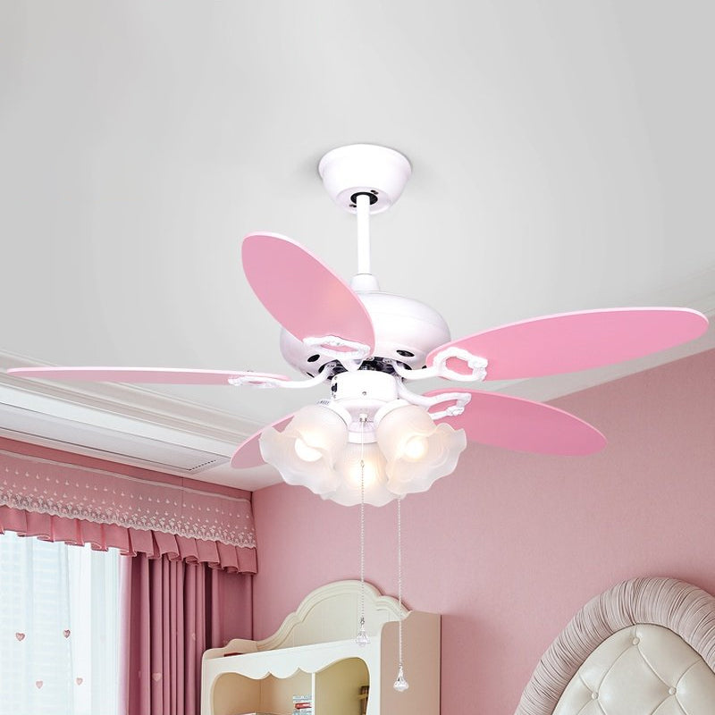 3-Bulb Semi Flush Light Kids Bedroom 5 Pink Blades Hanging Fan Lamp with Floral Opal Glass Shade, 42" W Clearhalo 'Ceiling Fans with Lights' 'Ceiling Fans' 'Kids Ceiling Fans' 'Kids' Lighting' 399292