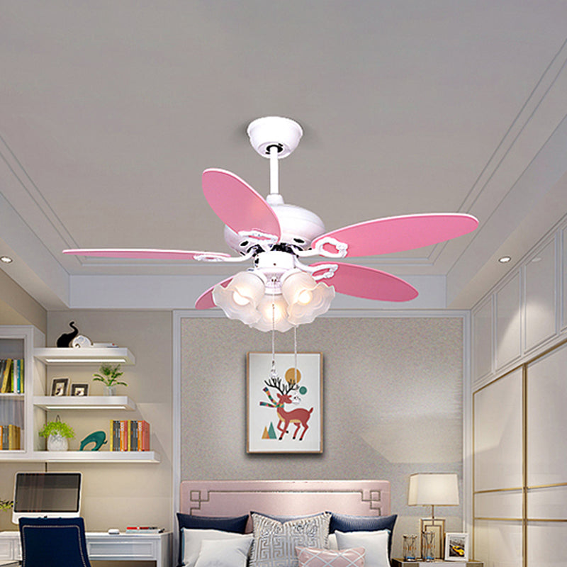3-Bulb Semi Flush Light Kids Bedroom 5 Pink Blades Hanging Fan Lamp with Floral Opal Glass Shade, 42" W Clearhalo 'Ceiling Fans with Lights' 'Ceiling Fans' 'Kids Ceiling Fans' 'Kids' Lighting' 399293