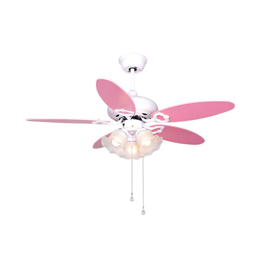 3-Bulb Semi Flush Light Kids Bedroom 5 Pink Blades Hanging Fan Lamp with Floral Opal Glass Shade, 42" W Clearhalo 'Ceiling Fans with Lights' 'Ceiling Fans' 'Kids Ceiling Fans' 'Kids' Lighting' 399294