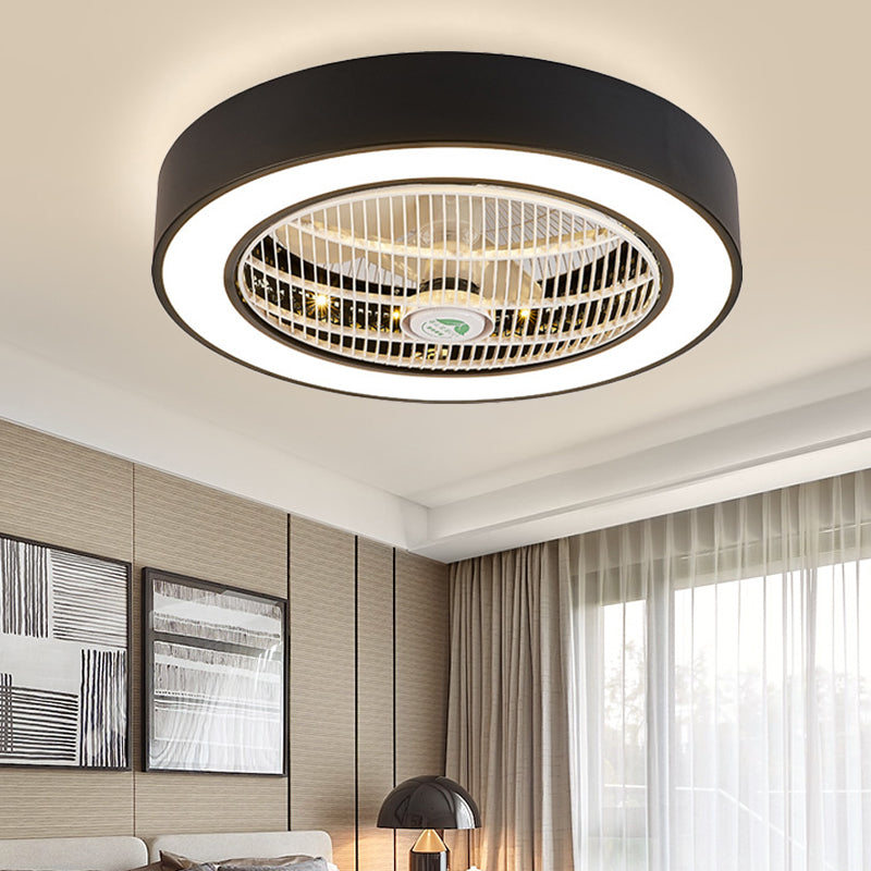 23.5" W LED Drum Fan Light Fixture Minimalist White/Black Finish Metallic 6 Blades Semi Flush Mounted Lamp for Bedroom Clearhalo 'Ceiling Fans with Lights' 'Ceiling Fans' 'Kids Ceiling Fans' 'Kids' Lighting' 399317