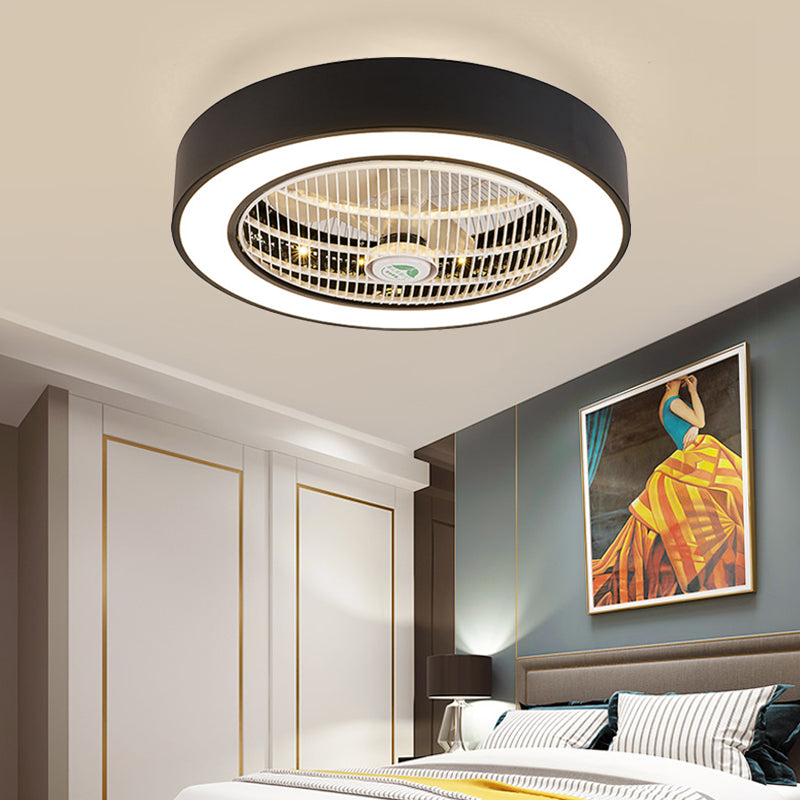 23.5" W LED Drum Fan Light Fixture Minimalist White/Black Finish Metallic 6 Blades Semi Flush Mounted Lamp for Bedroom Clearhalo 'Ceiling Fans with Lights' 'Ceiling Fans' 'Kids Ceiling Fans' 'Kids' Lighting' 399318