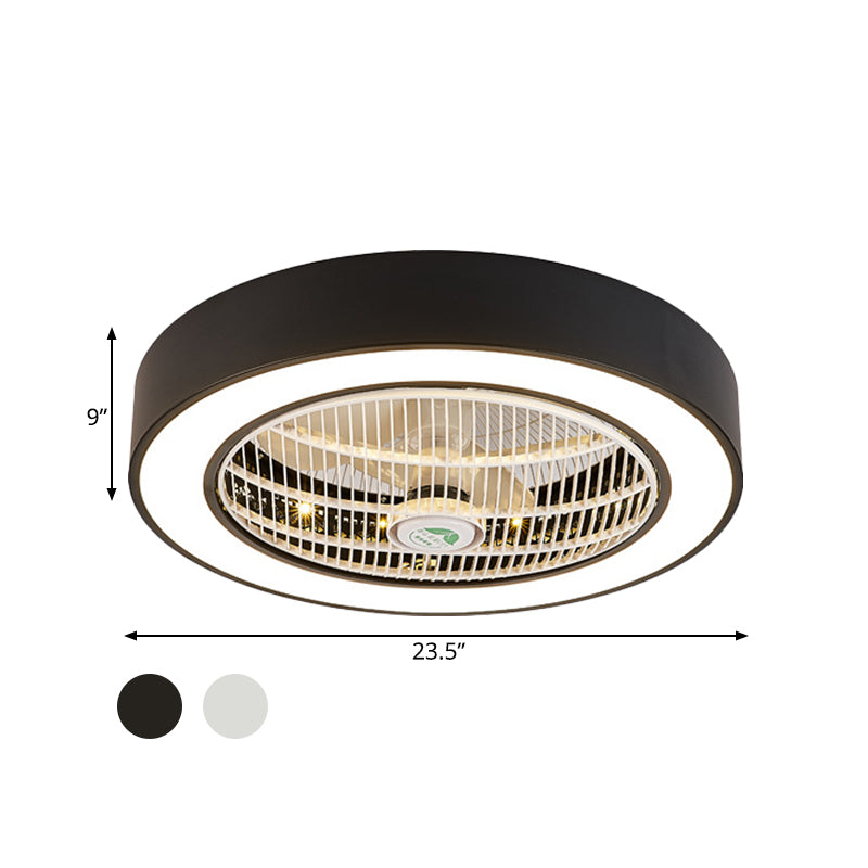 23.5" W LED Drum Fan Light Fixture Minimalist White/Black Finish Metallic 6 Blades Semi Flush Mounted Lamp for Bedroom Clearhalo 'Ceiling Fans with Lights' 'Ceiling Fans' 'Kids Ceiling Fans' 'Kids' Lighting' 399320