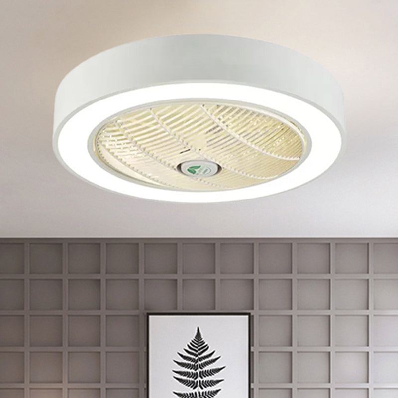 23.5" W LED Drum Fan Light Fixture Minimalist White/Black Finish Metallic 6 Blades Semi Flush Mounted Lamp for Bedroom Clearhalo 'Ceiling Fans with Lights' 'Ceiling Fans' 'Kids Ceiling Fans' 'Kids' Lighting' 399323