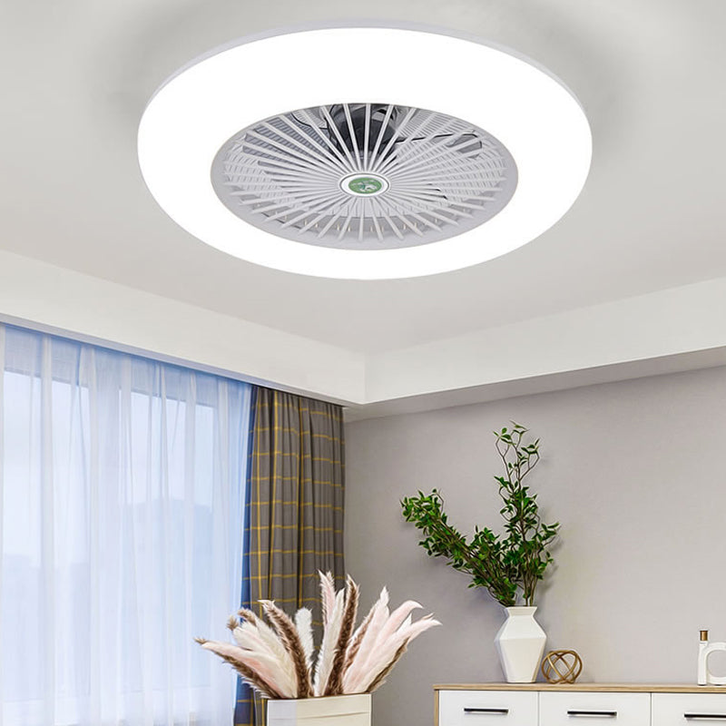 Doughnut Metal Fan Light Fixture Simple Bedroom 21.5" W LED Semi Flush Mount Lamp in Black/White/Grey with Acrylic Shade, 5 Blades White Clearhalo 'Ceiling Fans with Lights' 'Ceiling Fans' 'Kids Ceiling Fans' 'Kids' Lighting' 399338