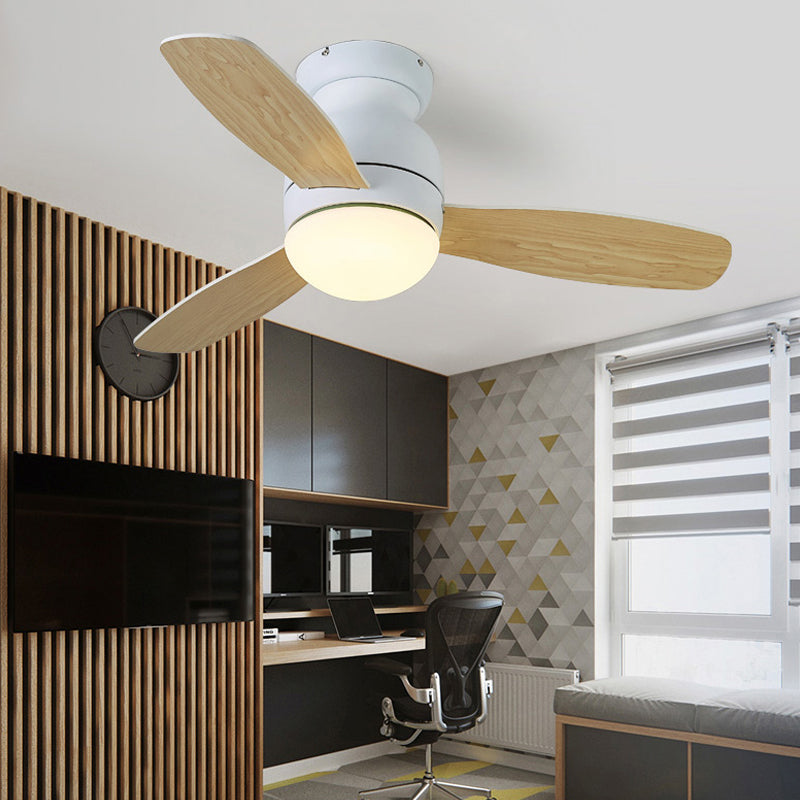 36" Wide LED Metal Hanging Fan Lighting Kids Grey/White/Green Dome Living Room Semi Flush Lamp Fixture with 3 Wood Blades Clearhalo 'Ceiling Fans with Lights' 'Ceiling Fans' 'Kids Ceiling Fans' 'Kids' Lighting' 399358