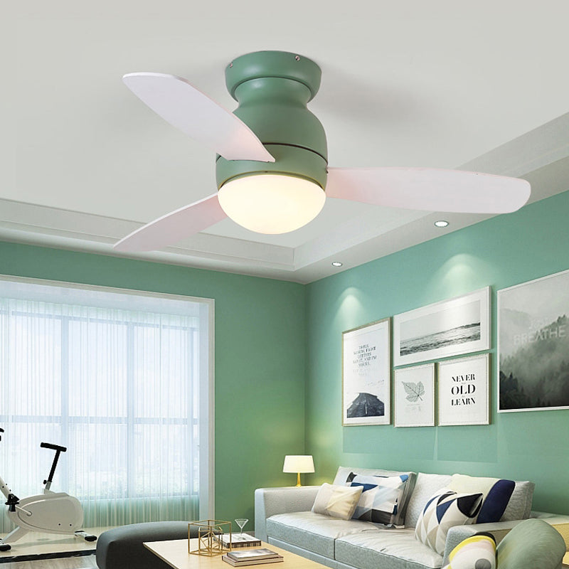 36" Wide LED Metal Hanging Fan Lighting Kids Grey/White/Green Dome Living Room Semi Flush Lamp Fixture with 3 Wood Blades Green Clearhalo 'Ceiling Fans with Lights' 'Ceiling Fans' 'Kids Ceiling Fans' 'Kids' Lighting' 399361
