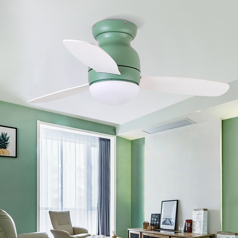 36" Wide LED Metal Hanging Fan Lighting Kids Grey/White/Green Dome Living Room Semi Flush Lamp Fixture with 3 Wood Blades Clearhalo 'Ceiling Fans with Lights' 'Ceiling Fans' 'Kids Ceiling Fans' 'Kids' Lighting' 399362