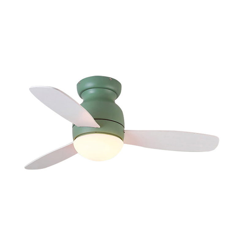 36" Wide LED Metal Hanging Fan Lighting Kids Grey/White/Green Dome Living Room Semi Flush Lamp Fixture with 3 Wood Blades Clearhalo 'Ceiling Fans with Lights' 'Ceiling Fans' 'Kids Ceiling Fans' 'Kids' Lighting' 399363