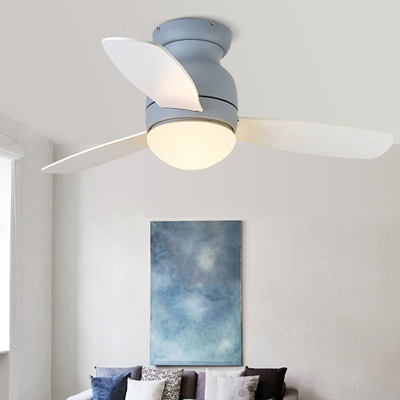 36" Wide LED Metal Hanging Fan Lighting Kids Grey/White/Green Dome Living Room Semi Flush Lamp Fixture with 3 Wood Blades Grey Clearhalo 'Ceiling Fans with Lights' 'Ceiling Fans' 'Kids Ceiling Fans' 'Kids' Lighting' 399364