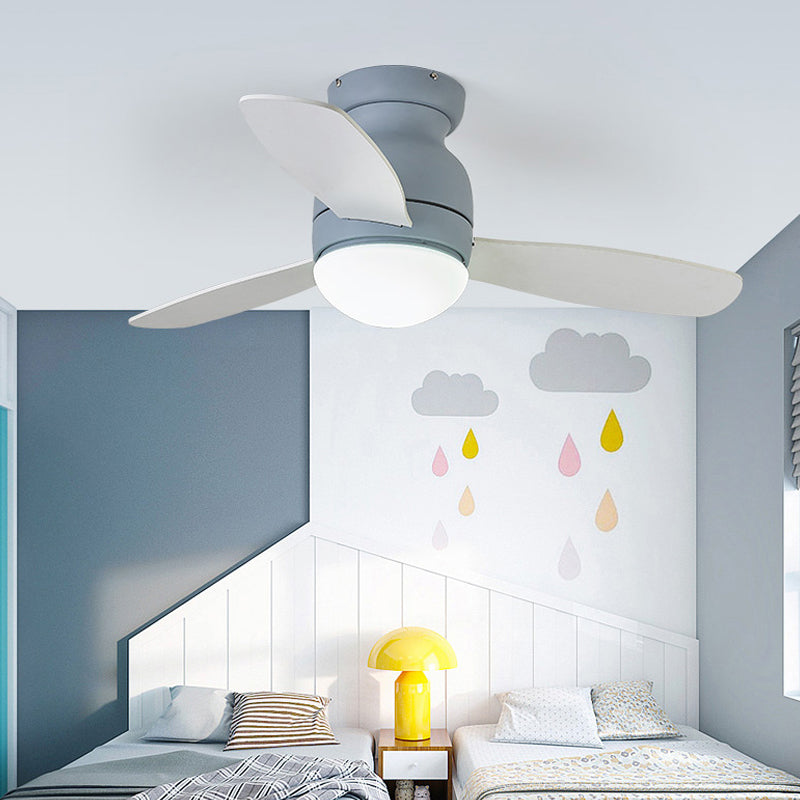 36" Wide LED Metal Hanging Fan Lighting Kids Grey/White/Green Dome Living Room Semi Flush Lamp Fixture with 3 Wood Blades Clearhalo 'Ceiling Fans with Lights' 'Ceiling Fans' 'Kids Ceiling Fans' 'Kids' Lighting' 399366