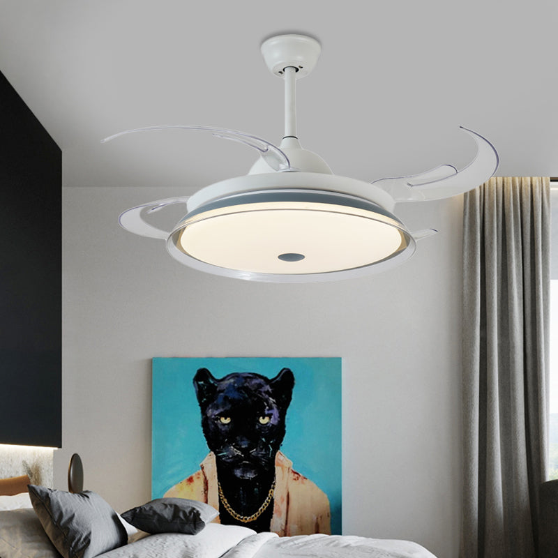 48" W LED Metal Semi Flush Light Contemporary White Round Bedroom 4 Clear Blades Hanging Fan Lamp with Acrylic Shade White Clearhalo 'Ceiling Fans with Lights' 'Ceiling Fans' 'Modern Ceiling Fans' 'Modern' Lighting' 399368