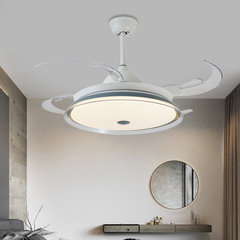 48" W LED Metal Semi Flush Light Contemporary White Round Bedroom 4 Clear Blades Hanging Fan Lamp with Acrylic Shade Clearhalo 'Ceiling Fans with Lights' 'Ceiling Fans' 'Modern Ceiling Fans' 'Modern' Lighting' 399369