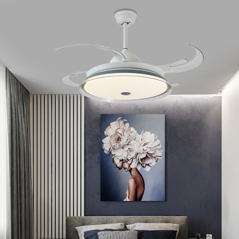 48" W LED Metal Semi Flush Light Contemporary White Round Bedroom 4 Clear Blades Hanging Fan Lamp with Acrylic Shade Clearhalo 'Ceiling Fans with Lights' 'Ceiling Fans' 'Modern Ceiling Fans' 'Modern' Lighting' 399370