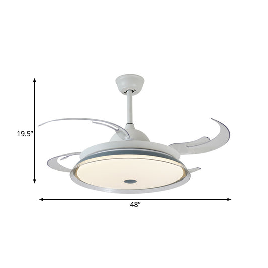 48" W LED Metal Semi Flush Light Contemporary White Round Bedroom 4 Clear Blades Hanging Fan Lamp with Acrylic Shade Clearhalo 'Ceiling Fans with Lights' 'Ceiling Fans' 'Modern Ceiling Fans' 'Modern' Lighting' 399372
