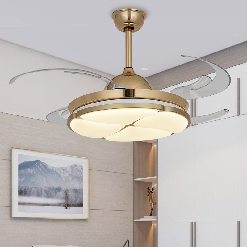 48" Wide LED Ceiling Fan Lighting Modern Bedroom Semi Flush Mount Lamp with Floral Acrylic Shade in Gold, 4 Clear Blades Gold Clearhalo 'Ceiling Fans with Lights' 'Ceiling Fans' 'Modern Ceiling Fans' 'Modern' Lighting' 399373