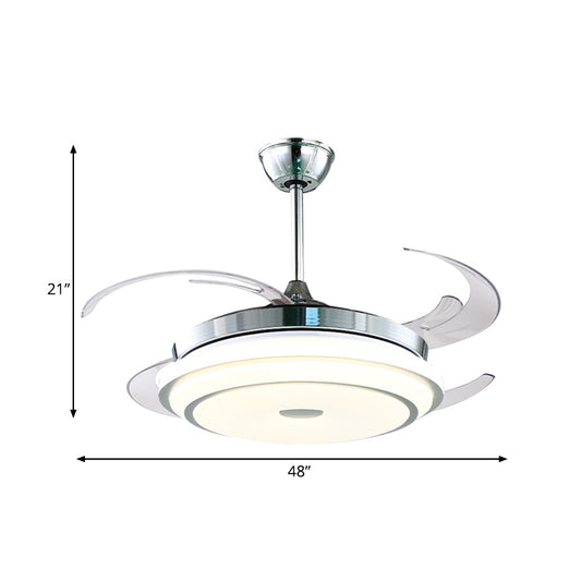 48" W Metal Silver Semi Flushmount Round LED Contemporary Hanging Fan Light Fixture with 4 Clear PC Blades Clearhalo 'Ceiling Fans with Lights' 'Ceiling Fans' 'Modern Ceiling Fans' 'Modern' Lighting' 399394