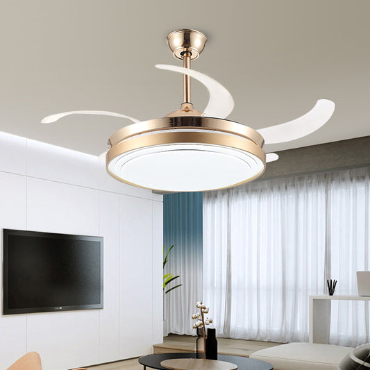 52" Wide Brass LED Hanging Fan Light Modernist Acrylic Shade Drum Semi Flush Lamp for Bedroom, 4 Clear Blades Clearhalo 'Ceiling Fans with Lights' 'Ceiling Fans' 'Modern Ceiling Fans' 'Modern' Lighting' 399406