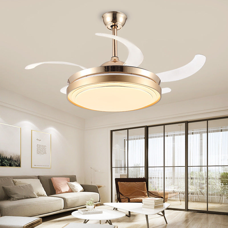 52" Wide Brass LED Hanging Fan Light Modernist Acrylic Shade Drum Semi Flush Lamp for Bedroom, 4 Clear Blades Clearhalo 'Ceiling Fans with Lights' 'Ceiling Fans' 'Modern Ceiling Fans' 'Modern' Lighting' 399407