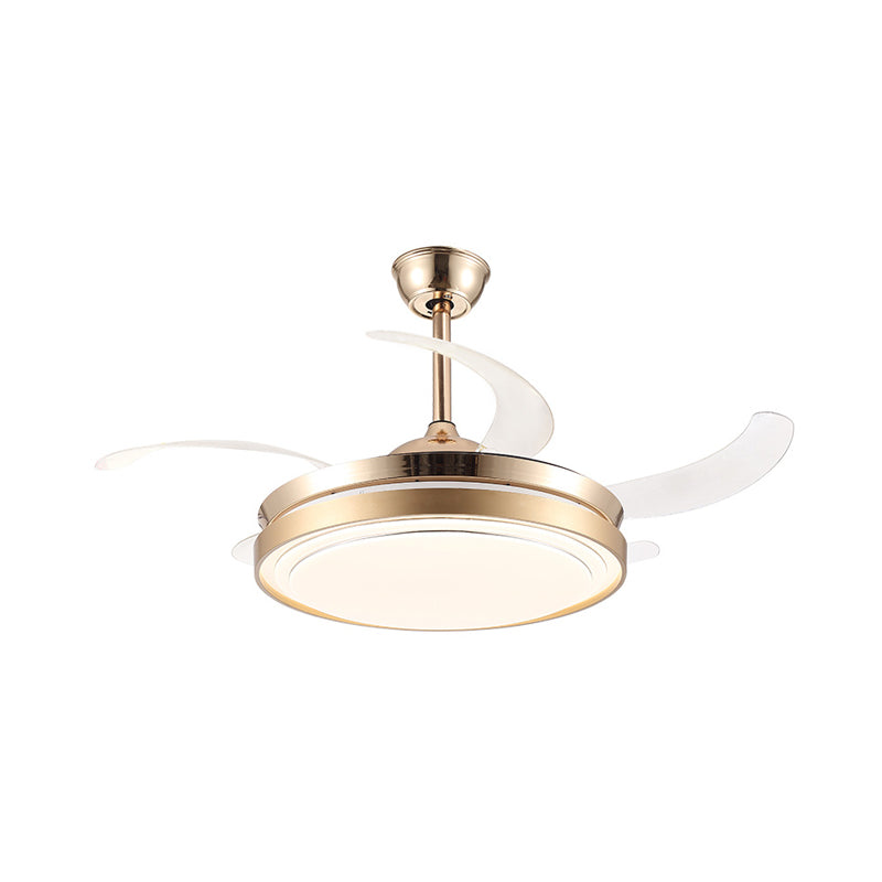 52" Wide Brass LED Hanging Fan Light Modernist Acrylic Shade Drum Semi Flush Lamp for Bedroom, 4 Clear Blades Clearhalo 'Ceiling Fans with Lights' 'Ceiling Fans' 'Modern Ceiling Fans' 'Modern' Lighting' 399408