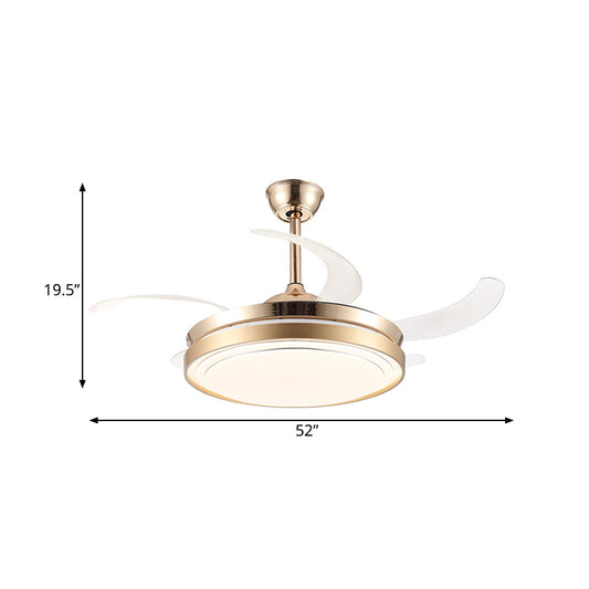 52" Wide Brass LED Hanging Fan Light Modernist Acrylic Shade Drum Semi Flush Lamp for Bedroom, 4 Clear Blades Clearhalo 'Ceiling Fans with Lights' 'Ceiling Fans' 'Modern Ceiling Fans' 'Modern' Lighting' 399409