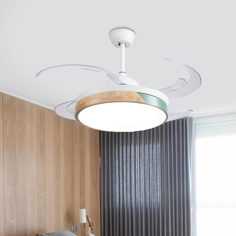 48" Wide LED Metal Semi Flush Light Fixture Modern White Drum Living Room 4 Blades Hanging Ceiling Fan Lamp White Clearhalo 'Ceiling Fans with Lights' 'Ceiling Fans' 'Modern Ceiling Fans' 'Modern' Lighting' 399410