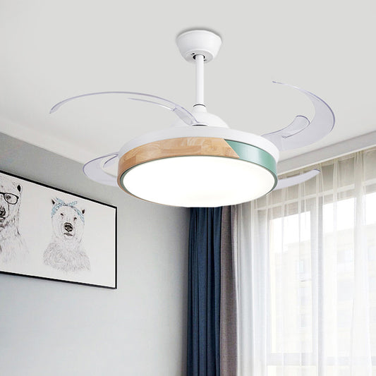 48" Wide LED Metal Semi Flush Light Fixture Modern White Drum Living Room 4 Blades Hanging Ceiling Fan Lamp Clearhalo 'Ceiling Fans with Lights' 'Ceiling Fans' 'Modern Ceiling Fans' 'Modern' Lighting' 399411