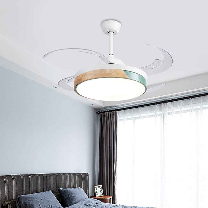 48" Wide LED Metal Semi Flush Light Fixture Modern White Drum Living Room 4 Blades Hanging Ceiling Fan Lamp Clearhalo 'Ceiling Fans with Lights' 'Ceiling Fans' 'Modern Ceiling Fans' 'Modern' Lighting' 399412