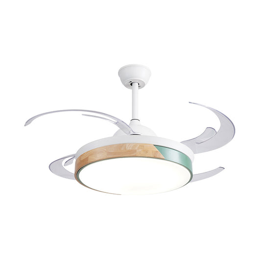48" Wide LED Metal Semi Flush Light Fixture Modern White Drum Living Room 4 Blades Hanging Ceiling Fan Lamp Clearhalo 'Ceiling Fans with Lights' 'Ceiling Fans' 'Modern Ceiling Fans' 'Modern' Lighting' 399413
