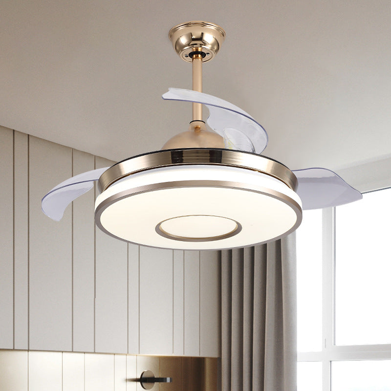 36" W LED Ceiling Fan Lighting Modernism Bedroom 4 Blades Semi Flush Mount Lamp with Round Acrylic Shade in Gold Gold Clearhalo 'Ceiling Fans with Lights' 'Ceiling Fans' 'Modern Ceiling Fans' 'Modern' Lighting' 399415