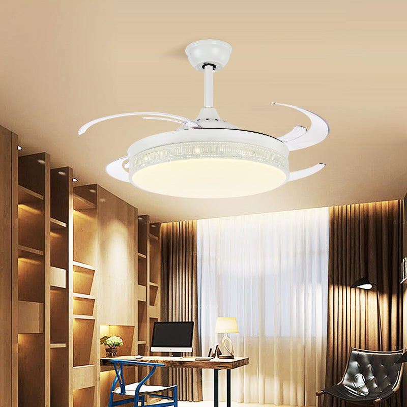 LED Semi Flush Lighting Contemporary Drum Metal 4 Blades Hanging Pendant Fan Lamp in White, 48" Wide White Clearhalo 'Ceiling Fans with Lights' 'Ceiling Fans' 'Modern Ceiling Fans' 'Modern' Lighting' 399440