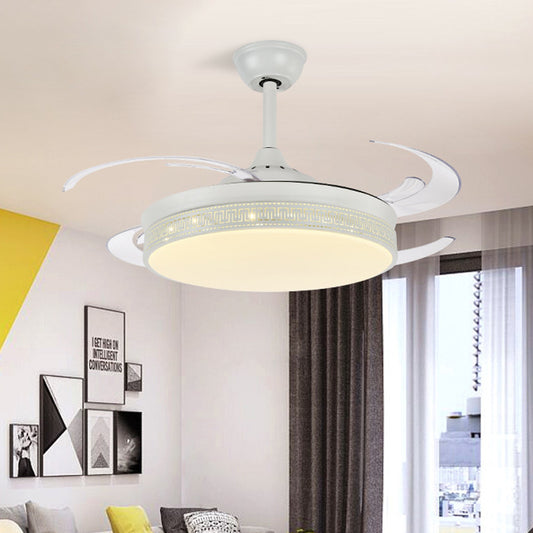 LED Semi Flush Lighting Contemporary Drum Metal 4 Blades Hanging Pendant Fan Lamp in White, 48" Wide Clearhalo 'Ceiling Fans with Lights' 'Ceiling Fans' 'Modern Ceiling Fans' 'Modern' Lighting' 399441