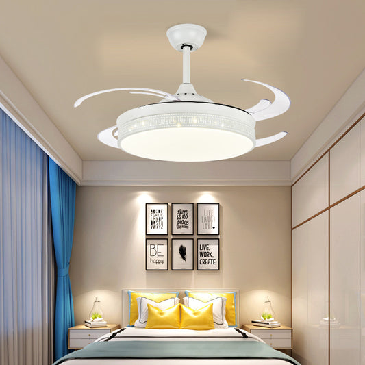 LED Semi Flush Lighting Contemporary Drum Metal 4 Blades Hanging Pendant Fan Lamp in White, 48" Wide Clearhalo 'Ceiling Fans with Lights' 'Ceiling Fans' 'Modern Ceiling Fans' 'Modern' Lighting' 399442