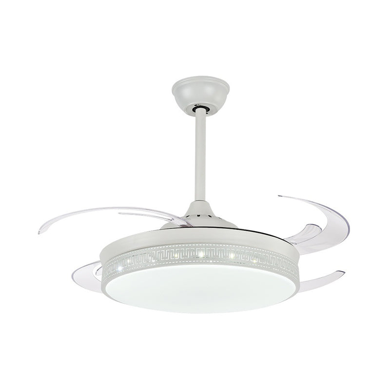 LED Semi Flush Lighting Contemporary Drum Metal 4 Blades Hanging Pendant Fan Lamp in White, 48" Wide Clearhalo 'Ceiling Fans with Lights' 'Ceiling Fans' 'Modern Ceiling Fans' 'Modern' Lighting' 399443