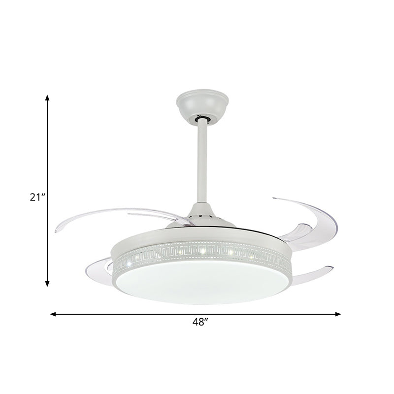 LED Semi Flush Lighting Contemporary Drum Metal 4 Blades Hanging Pendant Fan Lamp in White, 48" Wide Clearhalo 'Ceiling Fans with Lights' 'Ceiling Fans' 'Modern Ceiling Fans' 'Modern' Lighting' 399444