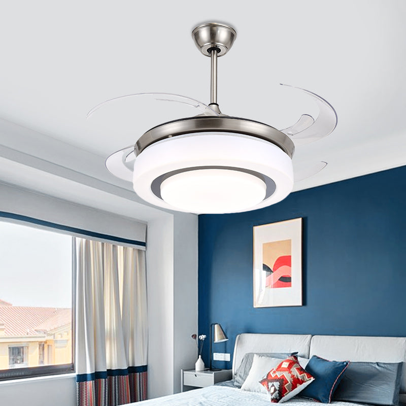 48" W Silver LED Semi Flush Ceiling Light Modernist Metal Circle 4 Blades Pendant Fan Lamp with Acrylic Shade Silver Clearhalo 'Ceiling Fans with Lights' 'Ceiling Fans' 'Modern Ceiling Fans' 'Modern' Lighting' 399445