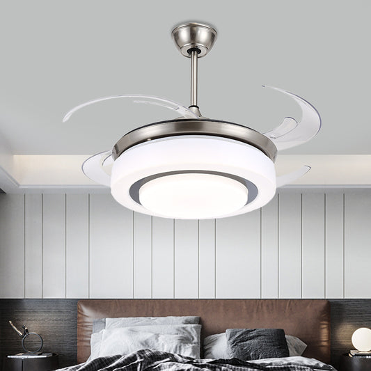 48" W Silver LED Semi Flush Ceiling Light Modernist Metal Circle 4 Blades Pendant Fan Lamp with Acrylic Shade Clearhalo 'Ceiling Fans with Lights' 'Ceiling Fans' 'Modern Ceiling Fans' 'Modern' Lighting' 399446