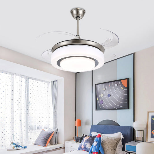 48" W Silver LED Semi Flush Ceiling Light Modernist Metal Circle 4 Blades Pendant Fan Lamp with Acrylic Shade Clearhalo 'Ceiling Fans with Lights' 'Ceiling Fans' 'Modern Ceiling Fans' 'Modern' Lighting' 399447