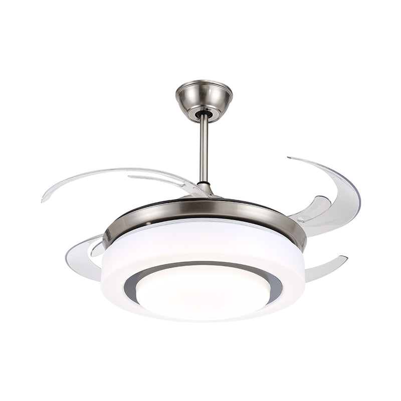 48" W Silver LED Semi Flush Ceiling Light Modernist Metal Circle 4 Blades Pendant Fan Lamp with Acrylic Shade Clearhalo 'Ceiling Fans with Lights' 'Ceiling Fans' 'Modern Ceiling Fans' 'Modern' Lighting' 399448