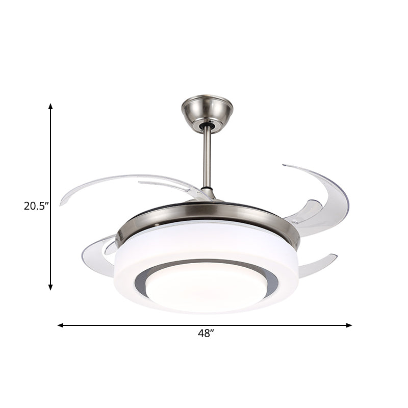 48" W Silver LED Semi Flush Ceiling Light Modernist Metal Circle 4 Blades Pendant Fan Lamp with Acrylic Shade Clearhalo 'Ceiling Fans with Lights' 'Ceiling Fans' 'Modern Ceiling Fans' 'Modern' Lighting' 399449