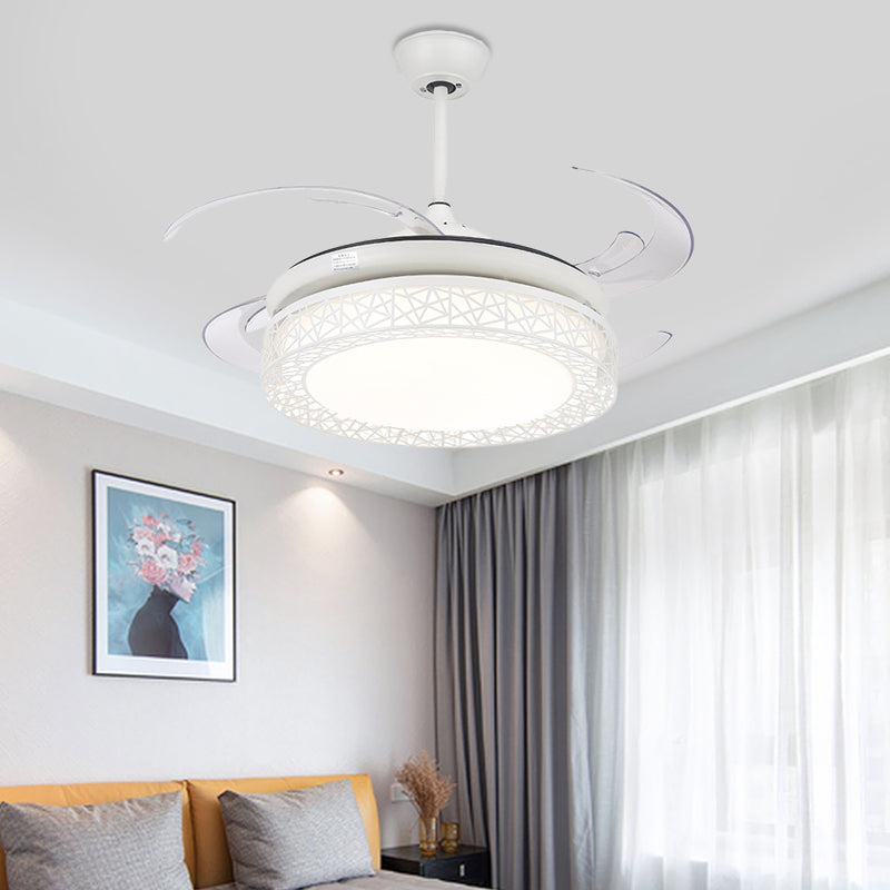 48" W Acrylic White Semi Flush Lamp Drum LED Contemporary Hanging Fan Light Fixture with 4 Clear PC Blades White Clearhalo 'Ceiling Fans with Lights' 'Ceiling Fans' 'Modern Ceiling Fans' 'Modern' Lighting' 399450