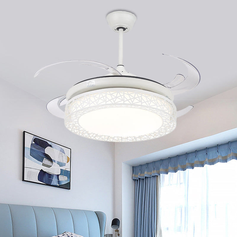 48" W Acrylic White Semi Flush Lamp Drum LED Contemporary Hanging Fan Light Fixture with 4 Clear PC Blades Clearhalo 'Ceiling Fans with Lights' 'Ceiling Fans' 'Modern Ceiling Fans' 'Modern' Lighting' 399451