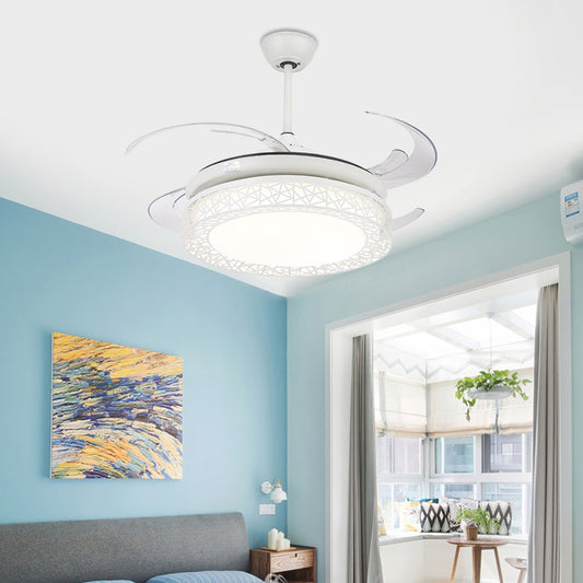 48" W Acrylic White Semi Flush Lamp Drum LED Contemporary Hanging Fan Light Fixture with 4 Clear PC Blades Clearhalo 'Ceiling Fans with Lights' 'Ceiling Fans' 'Modern Ceiling Fans' 'Modern' Lighting' 399452