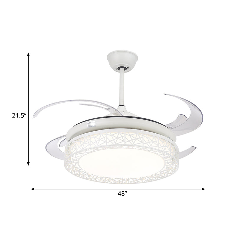 48" W Acrylic White Semi Flush Lamp Drum LED Contemporary Hanging Fan Light Fixture with 4 Clear PC Blades Clearhalo 'Ceiling Fans with Lights' 'Ceiling Fans' 'Modern Ceiling Fans' 'Modern' Lighting' 399454