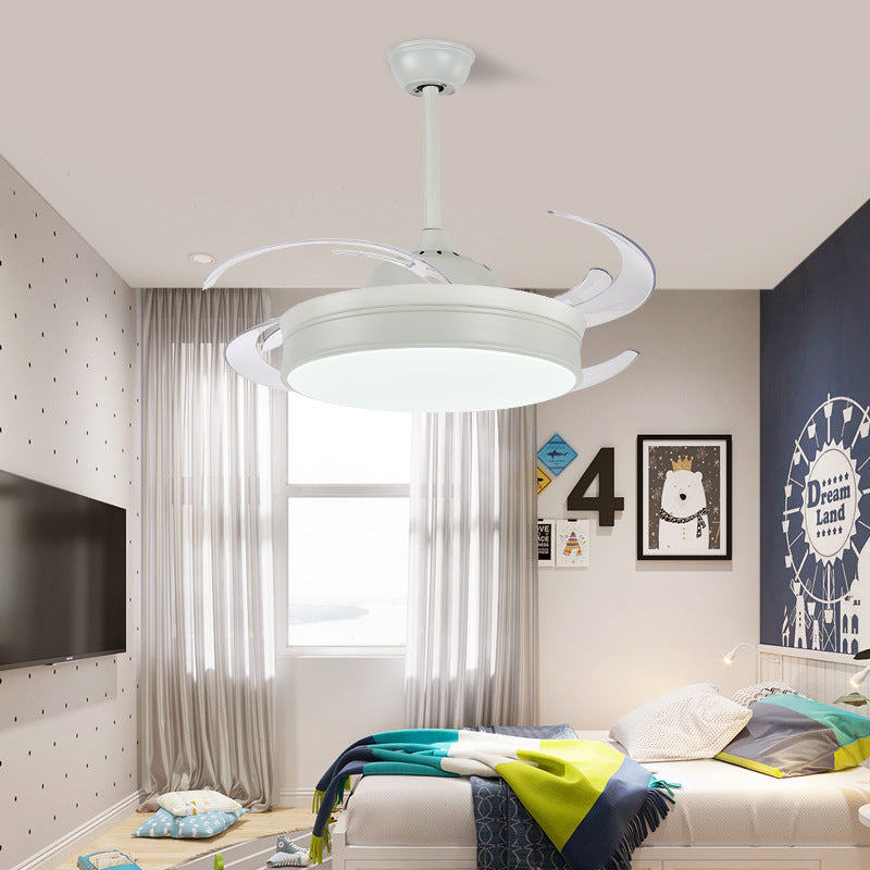 Drum Bedroom Pendant Fan Light Fixture Modern Metal 48" Wide LED White Semi Flush Mounted Lamp, 8 Blades White Clearhalo 'Ceiling Fans with Lights' 'Ceiling Fans' 'Modern Ceiling Fans' 'Modern' Lighting' 399470