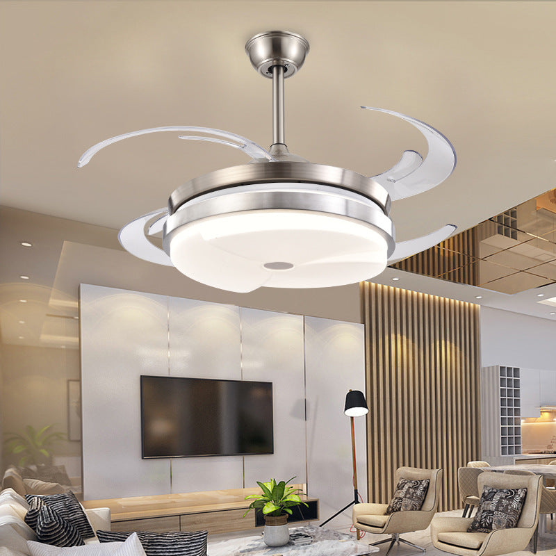 Round Living Room Semi Flush Lamp Modernist Metal 48" Wide LED Stain Nickel Ceiling Fan Light with 8 Blades Satin Nickel Clearhalo 'Ceiling Fans with Lights' 'Ceiling Fans' 'Modern Ceiling Fans' 'Modern' Lighting' 399485